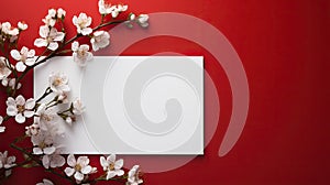 blank white paper with flower on red background, copy space Card for Mothers day, 8 March, Happy Easter. Waiting for spring