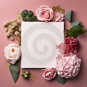 Blank white paper greeting card, invitation. Pink roses and peonies created with Generative AI