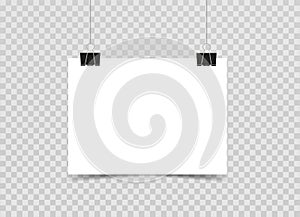 Blank white paper hanging on two binder clips. Mockup for your design. Vector 3d realistic. paper sheet. Poster blank template. Ho