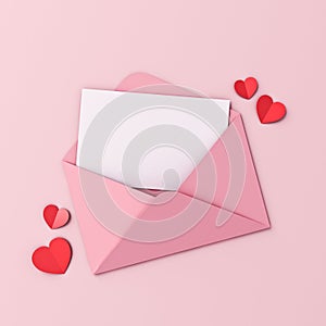 Blank white paper in pink envelope and red origami hearts on pink pastel color background