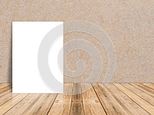 Blank white paper poster at tropical plank wooden floor and paper wall, Template mock up for adding your content,leave side space