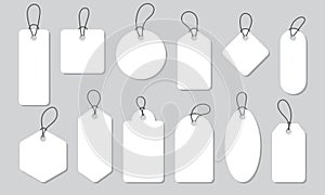 Blank white paper price tags or gift tags in different shapes. Price tag collection. Paper labels set. Set of sale tags and labels