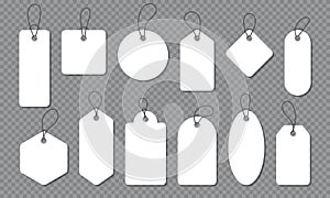 Blank white paper price tags or gift tags in different shapes. Price tag collection. Paper labels set. Set of sale tags and labels