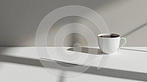 a blank white paper resting on a desk beside a coffee cup, evoking a modern and sophisticated ambiance.