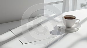 a blank white paper resting on a desk beside a coffee cup, evoking a modern and sophisticated ambiance.