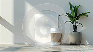 a blank white paper resting on a desk beside a coffee cup, evoking a modern and sophisticated ambiance.