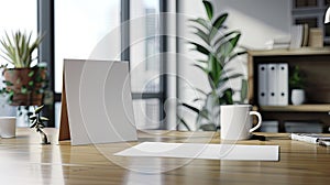 a blank white paper resting on a desk beside a coffee cup, evoking a modern and sophisticated ambiance.