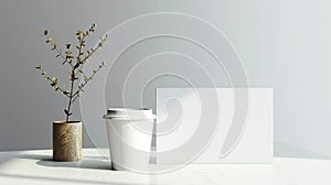 a blank white paper resting on a desk beside a coffee cup, evoking a modern and sophisticated ambiance.