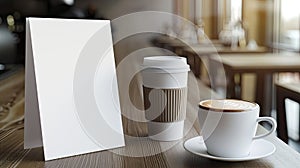 a blank white paper resting on a desk beside a coffee cup, evoking a modern and sophisticated ambiance.