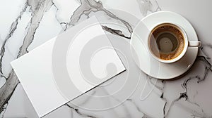 a blank white paper resting on a desk beside a coffee cup, evoking a modern and sophisticated ambiance.