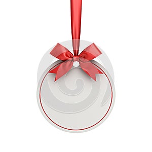 Blank white paper round christmas ball frame tag label card template hanging with shiny red ribbon and bow isolated on white