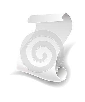 Blank white paper sheet roll or manuscript curved sides vector isolated icon