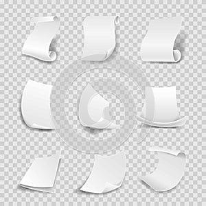 Blank white paper sheets 3D rolls or curved corners vector isolated icons