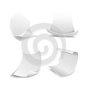 Blank white paper sheets in rolls or curved sides vector isolated icons