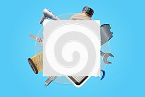 Blank white paper surrounded by car parts and tools. Ideal for car service logo promotion. Template for showcasing text