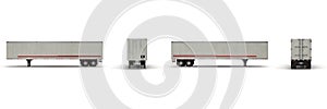 Blank white parked semi trailer, on white 3D Illustration