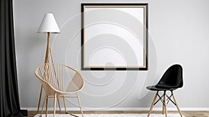 A blank white photo frame mockup with a lamp and two wooden chairs, A minimal simple tone of photo frame look woden and