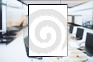 Blank white picture frame at conference room background