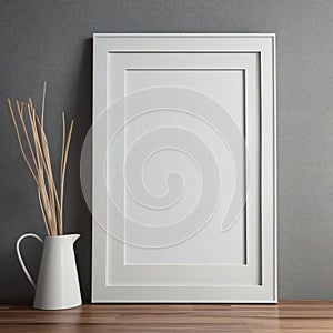 Blank white picture frame on a gray wall with a vase of dried twigs beside it