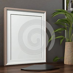 Blank white picture frame on a wooden desk with a decorative plant and grey wall background, copy space available