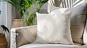 Blank white pillow on a couch. Closeup mockup template. Cozy interior