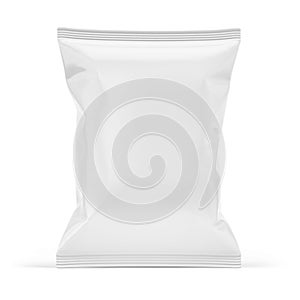 Blank white plastic bag. Food snack, chips packaging isolated on white beckground