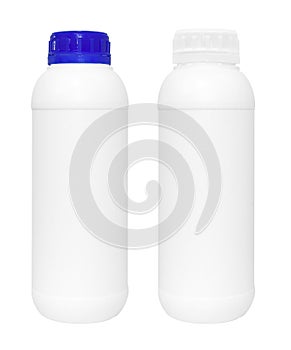 Blank white plastic bottles with white and blue caps on white background - bottle 1 liter and 500 milliliters with blue cap - bot