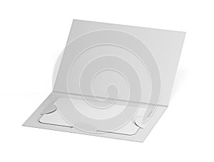 Blank white plastic card mockup inside paper booklet holder. 3d rendering. Folded brochure with certificate mock up. Bonus card