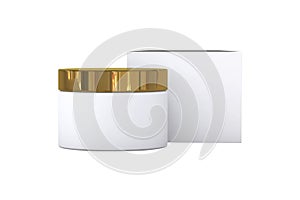Blank white Plastic cosmetic jar with golden cap and paper box mockup isolated