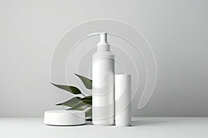 Blank white plastic tube, cream jar and shampoo or soap dispenser bottle on gray background. Cosmetic beauty product