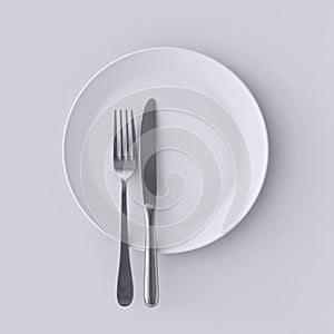 Blank white plate with fork and knife, top view isolated. Clear dish with cutlery design. Empty