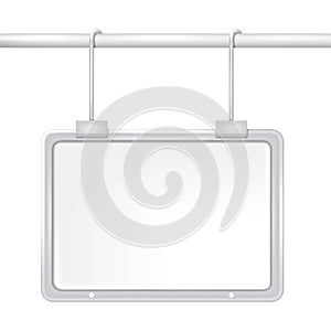 Blank white pop display on pipe mock-up. Promotional hanging label for retail store vector mockup. Price tag holder template