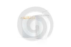 Blank white popcorn bucket with cup with straw mockup