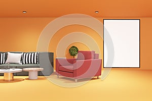 Blank white poster in black frame on orange wall in rest area of modern office with stylish plain sofa, red armchair and coffee