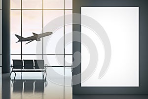 Blank white poster on black wall in waiting area airport hall and taking off airplane outside glass wall. 3D rendering