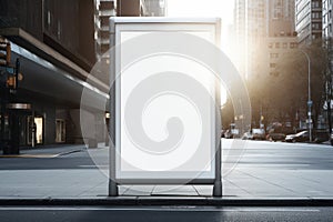Blank white poster on a bus stop. 3d rendering, Vertical blank white billboard at a bus stop on a city street, AI Generated