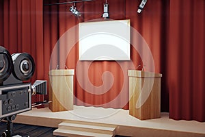 Blank white poster in conference hall with tribune and vintage c