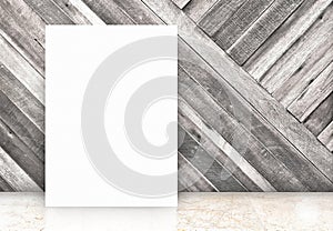 Blank white poster at diagonal wooden wall and marble floor room