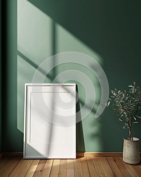 Blank white poster frame with white passe-partout mock up template, room interior in scandinavian style, dark green