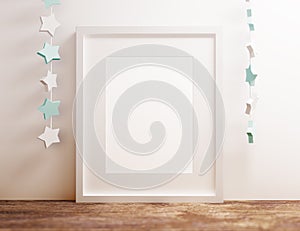 Blank white poster frame at wooden shelf with star nursery theme