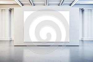 Blank white poster in a gallery with white walls, large frame, contemporary exhibition space concept.