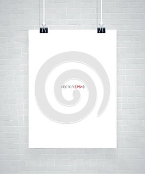 Blank white poster hanging on white brick wall. Vector