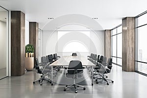 Blank white poster in modern conference room with big wooden table and columns, black chairs, glossy floor and big window. Mockup
