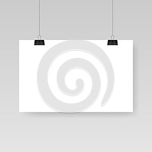 Blank white poster template. Affiche, paper sheet hanging on a clip. Vector advertising banner mockup stand exhibit