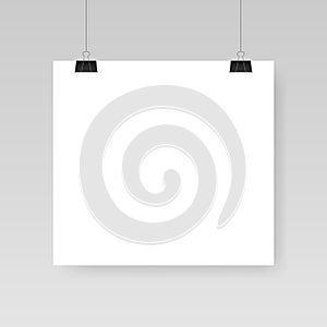 Blank white poster template. Affiche, paper sheet hanging on a clip. Vector advertising banner mockup stand exhibit