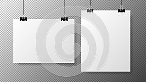 Blank white poster template on transparent with gradient background. Affiche, paper sheet hanging on a clip. Realistic