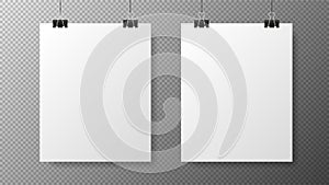 Blank white poster template on transparent with gradient background. Affiche, paper sheet hanging on a clip. Two