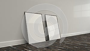 Blank white poster in wooden frame standing on the floor