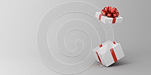 Blank white present box open or gift box with red ribbons and bow on white grey background with shadow and blank space