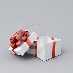 Blank white present box open or opened gift box with red ribbons and bow on white grey background with shadow minimal